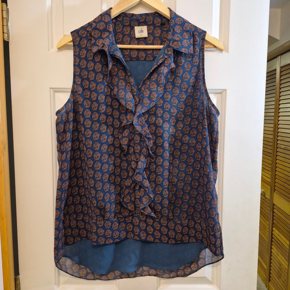 Cabi 3275‎ Womens Blue Orange Medallion Ruffle Front Sleeveless Blouse Medium